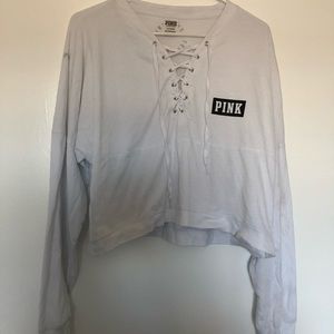 white cropped tie up pink shirt